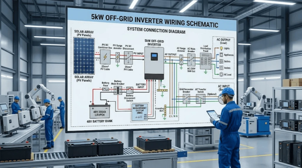 System wiring schematic for a 5KW off grid solar inverter with LiFePO4 battery bank System wiring schematic for a 5KW off grid solar inverter with LiFePO4 battery bank